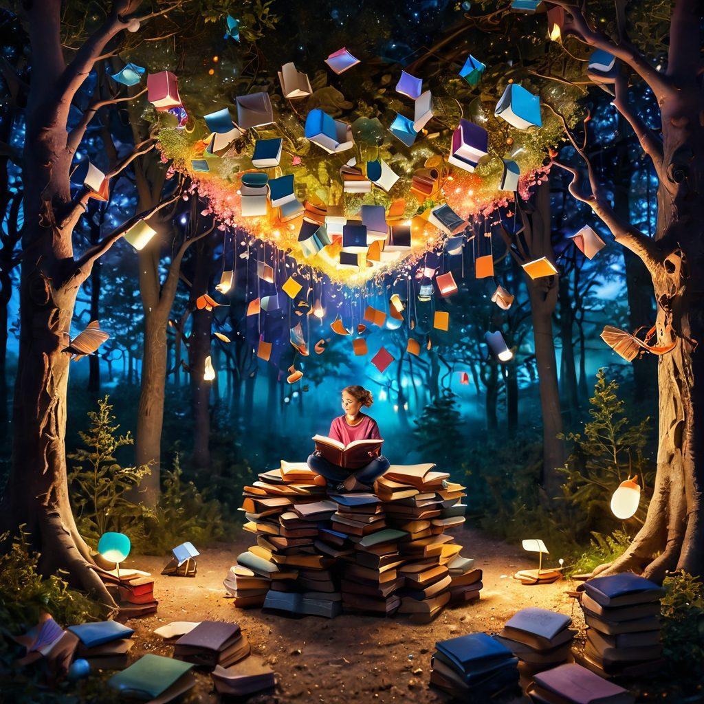 A whimsical scene depicting a storyteller surrounded by colorful books that float in the air, with various narrative elements like characters and landscapes emerging from the pages. The backdrop shows a vibrant, enchanted forest filled with glowing lights symbolizing creativity and imagination. Soft, dreamy colors dominate the scene, inviting viewers into the world of storytelling. surrealistic. vibrant colors.