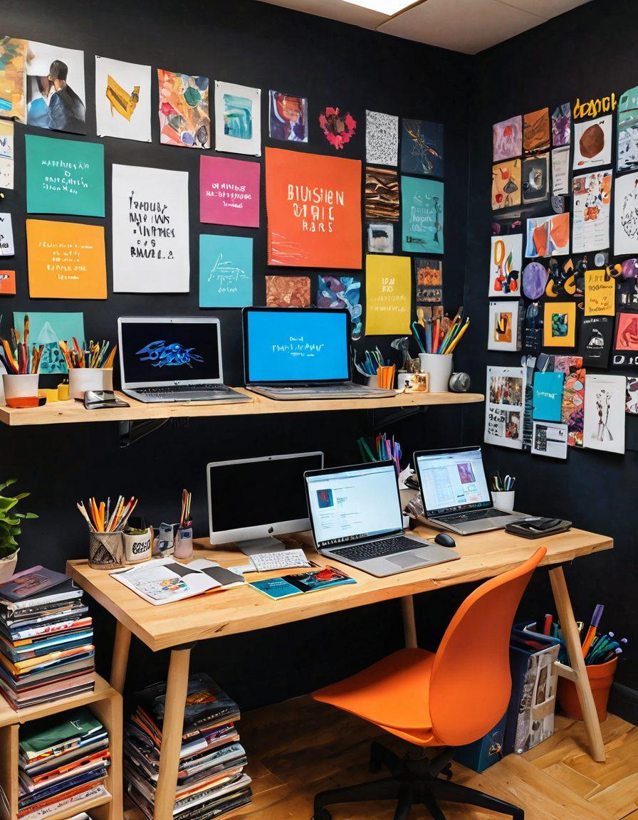 A vibrant digital studio filled with colorful art supplies, open laptops displaying blog designs, and thought-provoking quotes scattered on the walls. A person is passionately typing at a desk, surrounded by creative tools like paintbrushes, sketchbooks, and a microphone, symbolizing the essence of blogging. The atmosphere radiates enthusiasm and innovation. super-realistic. vibrant colors. 3D.