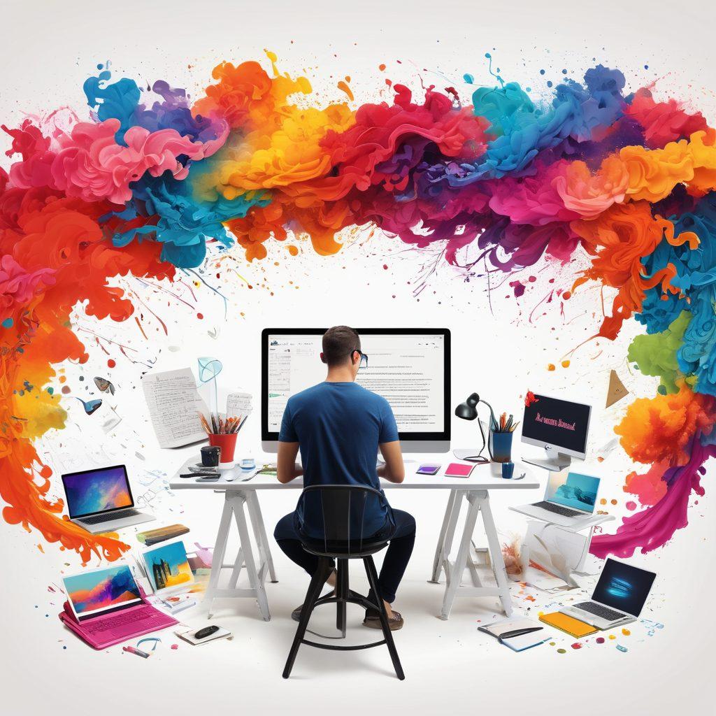 A creative workspace filled with diverse digital tools such as tablets, laptops, and sketchbooks, surrounded by swirling colorful words transforming into vibrant visual elements. An artist at work, blending text and images seamlessly, illustrating the journey from writing to visual storytelling. Background includes a bright, inspiring color palette that evokes creativity. super-realistic. vibrant colors. white background.